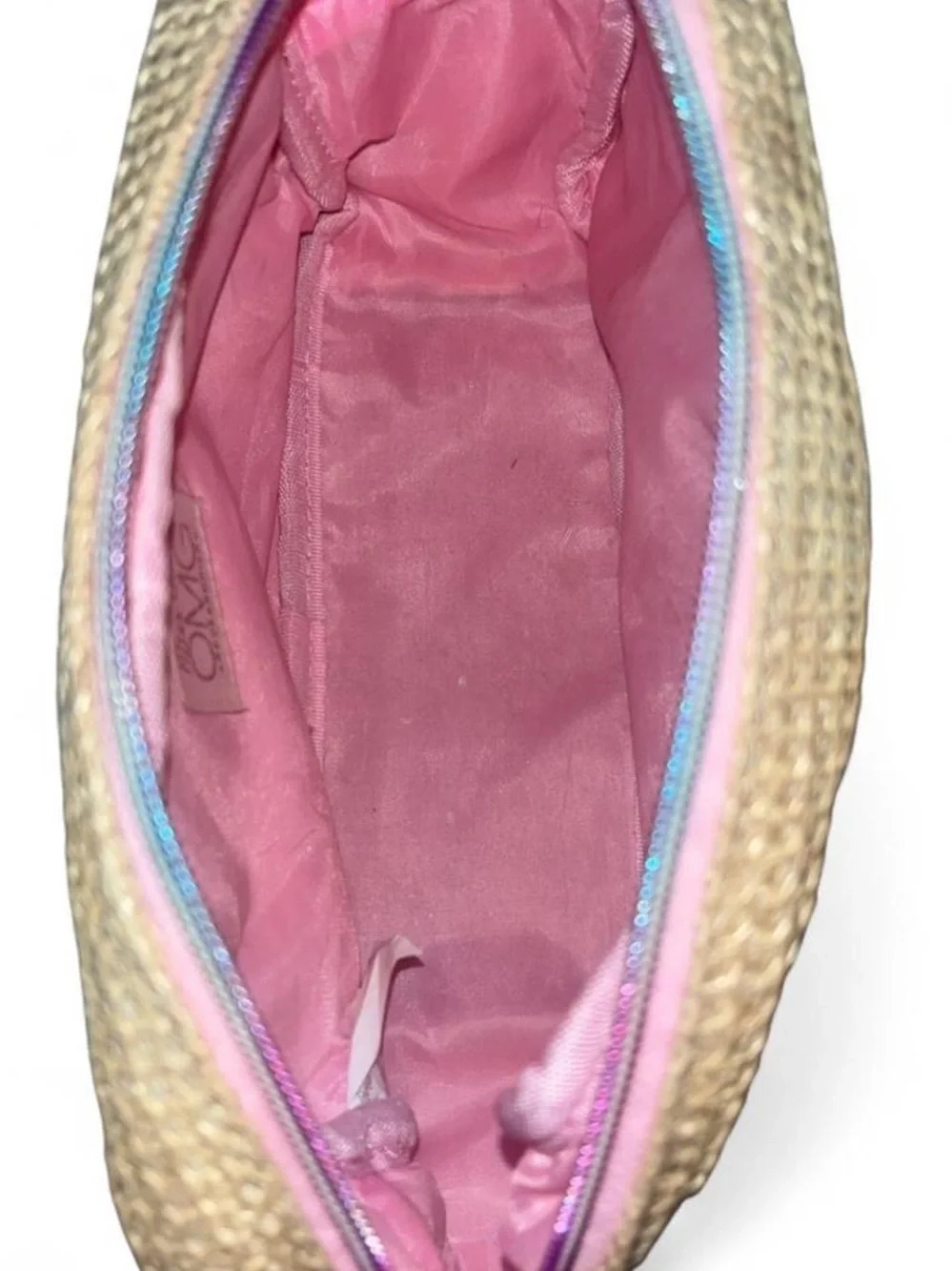 Pink Heart Sequin Cosmetic Case - Straw Texture